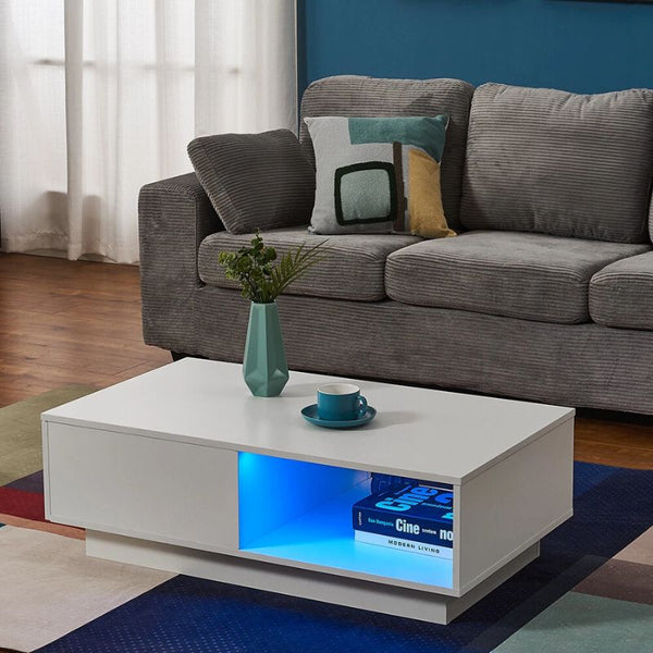 Led High Gloss Top White Coffee Table With Single Drawer Coffee Tables