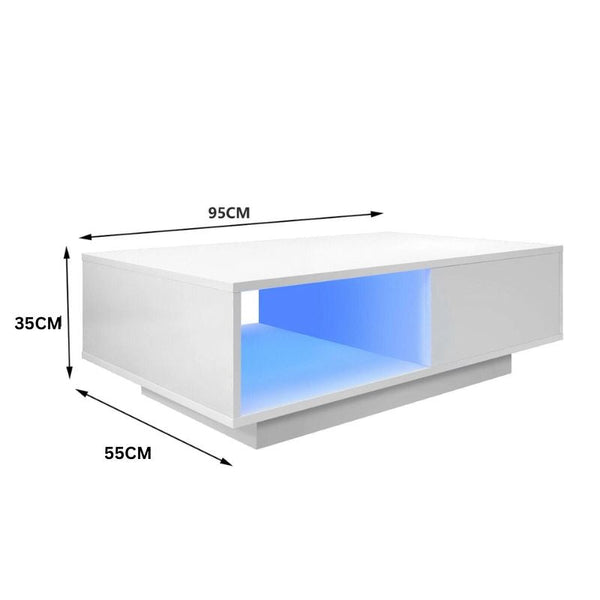 Led High Gloss Top White Coffee Table With Single Drawer Coffee Tables
