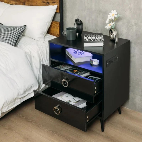 Amelia Modern Led Bedside Table With Usb And Power Socket Black Bedside Tables