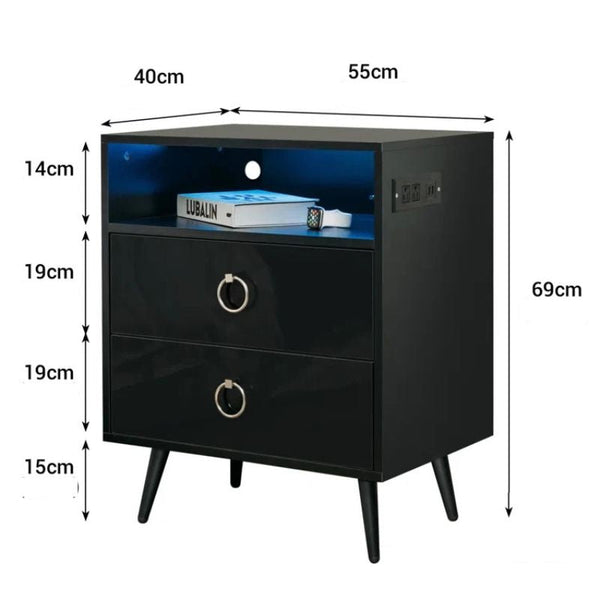 Amelia Modern Led Bedside Table With Usb And Power Socket Black Bedside Tables