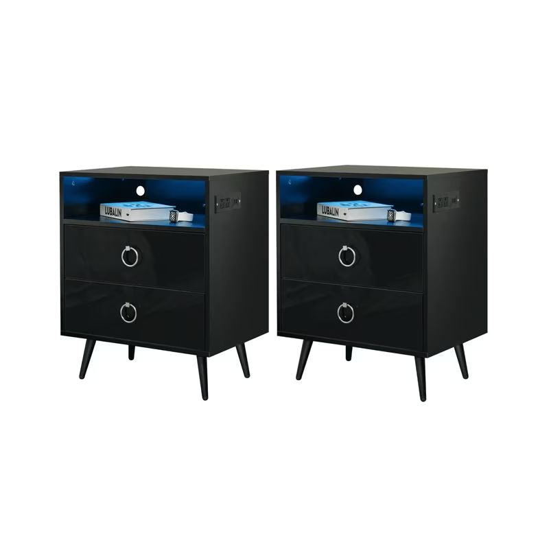 Amelia Modern Led Bedside Table With Usb And Power Socket Black X 2 Bedside Tables