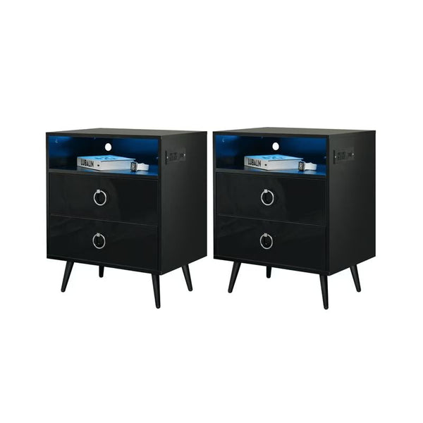 Amelia Modern Led Bedside Table With Usb And Power Socket Black X 2 Bedside Tables