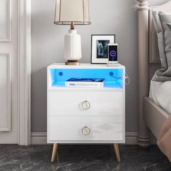 Amelia Modern Led Bedside Table With Usb And Power Socket White Bedside Tables