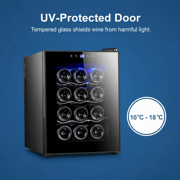12 Bottle Thermoelectric Wine Fridge 65W Uv Protected Glass Door Soft Led Illumination Wine Fridges