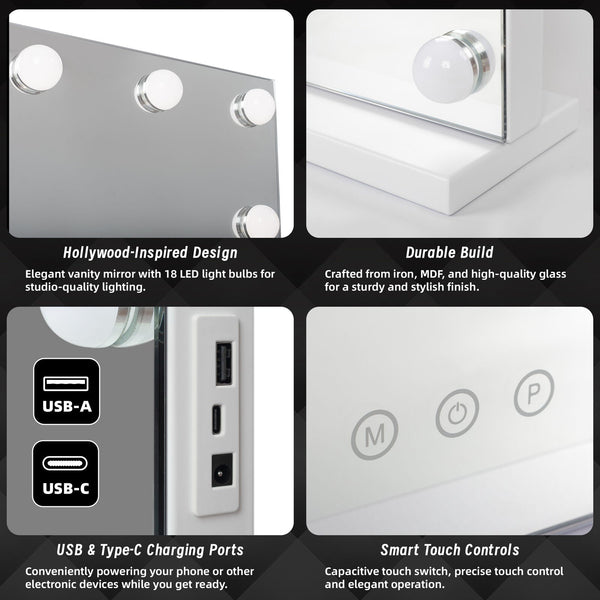 Beauty Mirror With 18 Led Bulbs Colour Settings White Frame And Usb Ports Makeup Mirrors