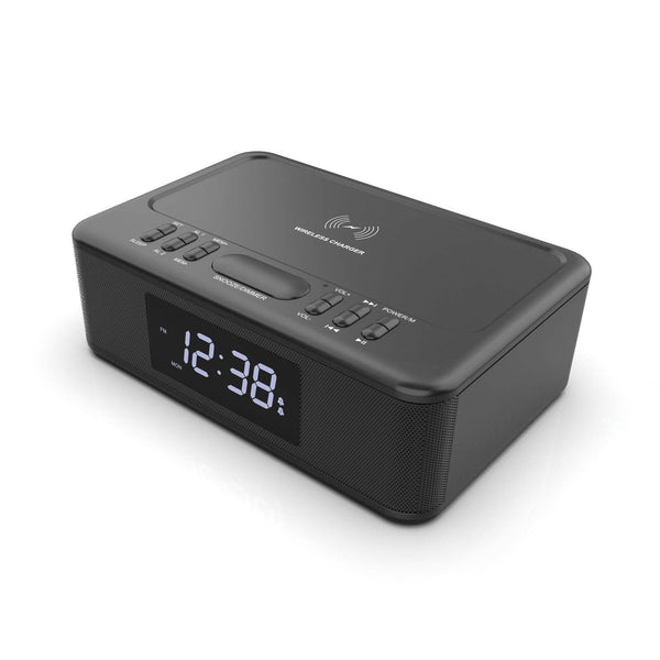 2In1 10W Wireless Fast Charging Wireless Streaming/Fm Radio Alarm Clock W/ Usb/Aux Chargers & Cradles