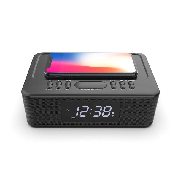 2In1 10W Wireless Fast Charging Wireless Streaming/Fm Radio Alarm Clock W/ Usb/Aux Chargers & Cradles
