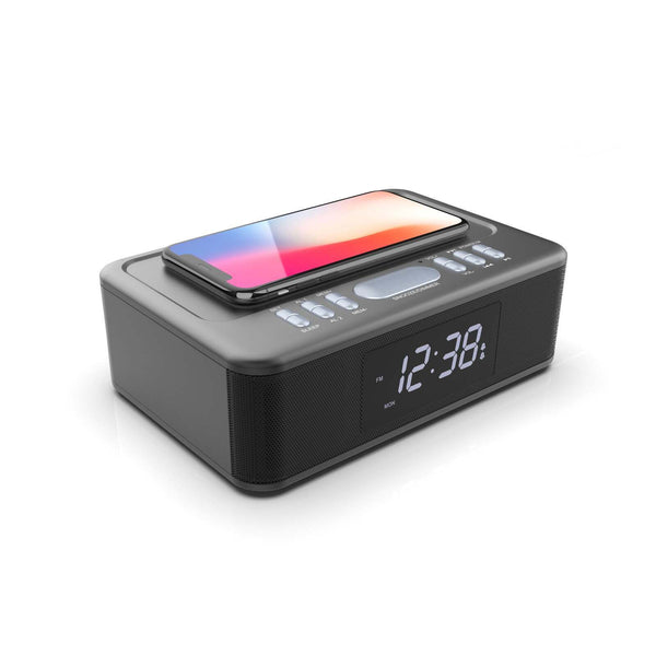 2In1 10W Wireless Fast Charging Wireless Streaming/Fm Radio Alarm Clock W/ Usb/Aux Chargers & Cradles