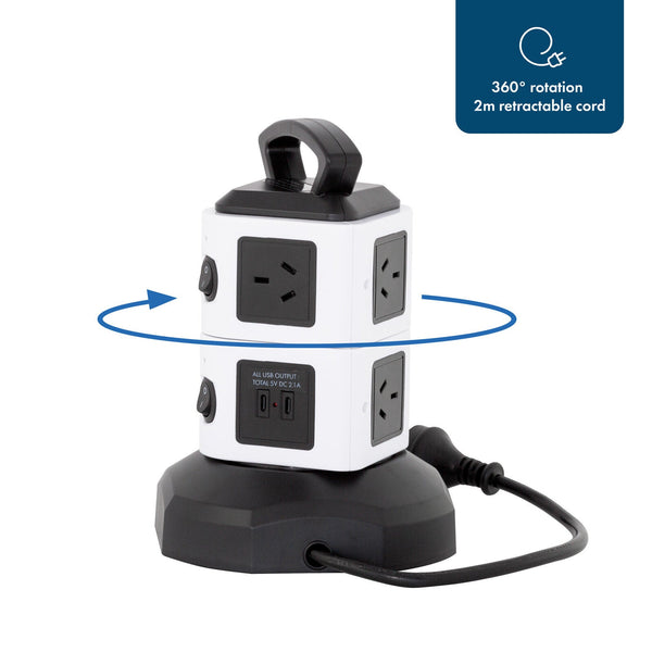 Tower Power Board With 6 Outlets + 2X Usb A & C Power Strips & Surge Protectors