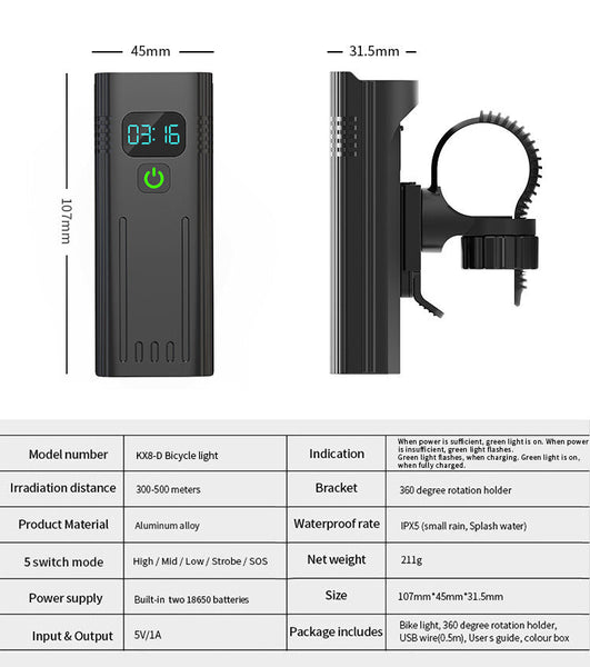 Waterproof Bike Light Set With Digital Battery Display Aluminum Alloy 360A Mount Lights & Reflectors