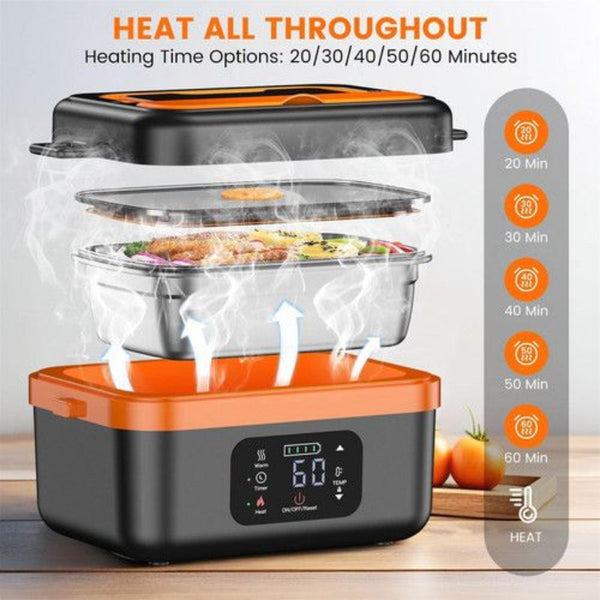 1L Cordless Electric Heated Lunch Box 16000Mah 60W 304 Stainless Steel Black And Orange Lunchboxes