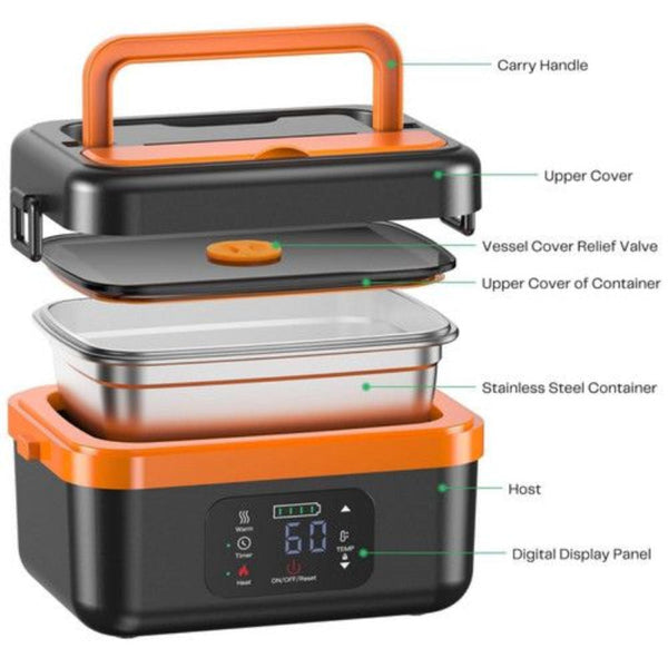 1L Cordless Electric Heated Lunch Box 16000Mah 60W 304 Stainless Steel Black And Orange Lunchboxes