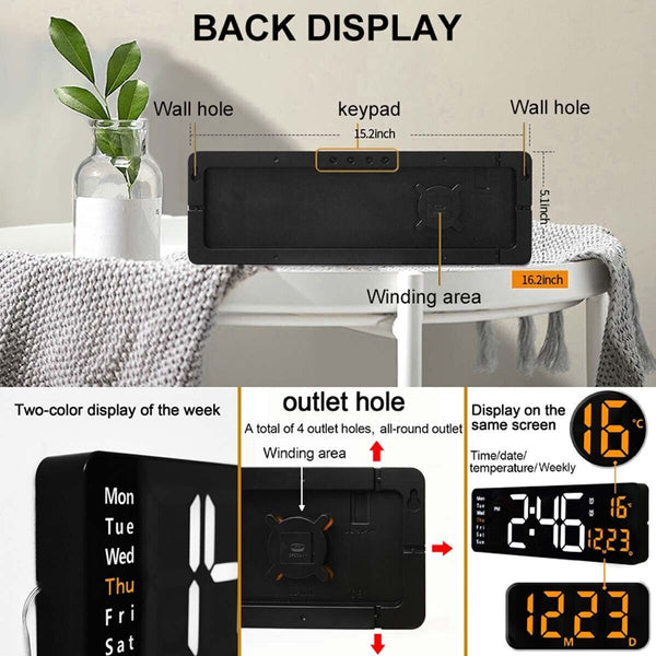 16" Orange Large Digital Big Jumbo Led Wall Desk Clock Display With Temperature Calendar Wall Clocks