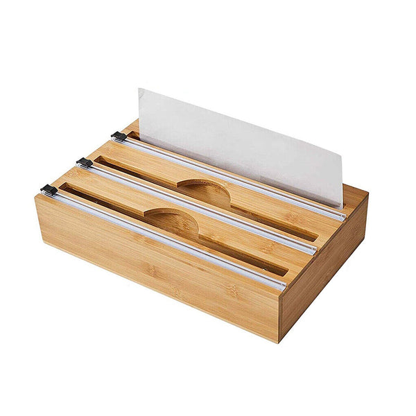 3 Grids Bamboo Food Wrap Dispenser Cutter Foil Cling Film Storage Holder Box Kitchen Cling Film Foil & Food Wraps