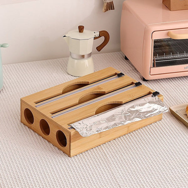 3 Grids Bamboo Food Wrap Dispenser Cutter Foil Cling Film Storage Holder Box Kitchen Cling Film Foil & Food Wraps