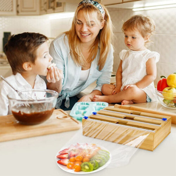 3 Grids Bamboo Food Wrap Dispenser Cutter Foil Cling Film Storage Holder Box Kitchen Cling Film Foil & Food Wraps