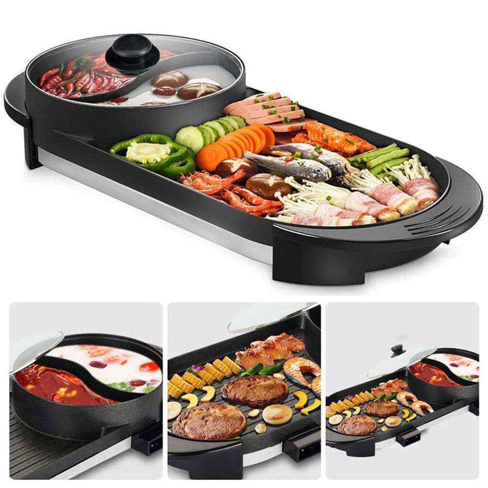 2 In 1 Electric Hot Pot Bbq Oven Smokeless Non Stick Barbecue Hotpot Grill Pan Barbecues Grills & Smokers