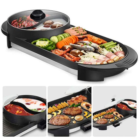 2 In 1 Electric Hot Pot Bbq Oven Smokeless Non Stick Barbecue Hotpot Grill Pan Barbecues Grills & Smokers