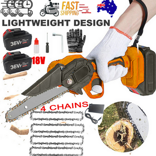6" Mini Orange Cordless Electric Chainsaw 2X Battery Powered Wood Cutter Rechargeable Chainsaws