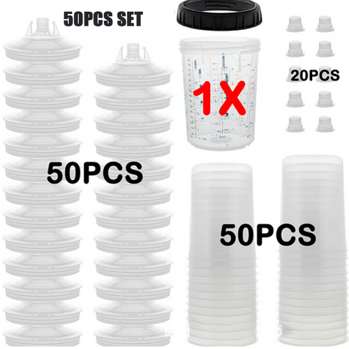 50 Sets Clear Spray Gun Cup Lids Liners Kit With Micron Filter 600Ml Paint Sprayers