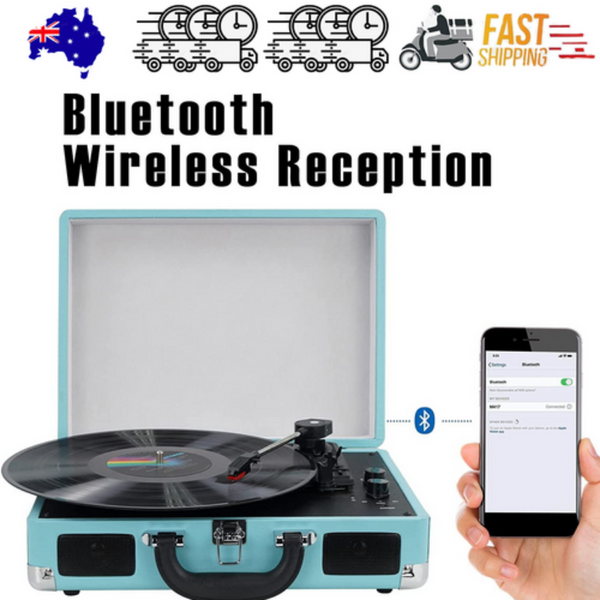 Blue Retro Briefcase Vinyl Record Player Suitcase 3 Speed Turntable Stereo Christmas Turntables