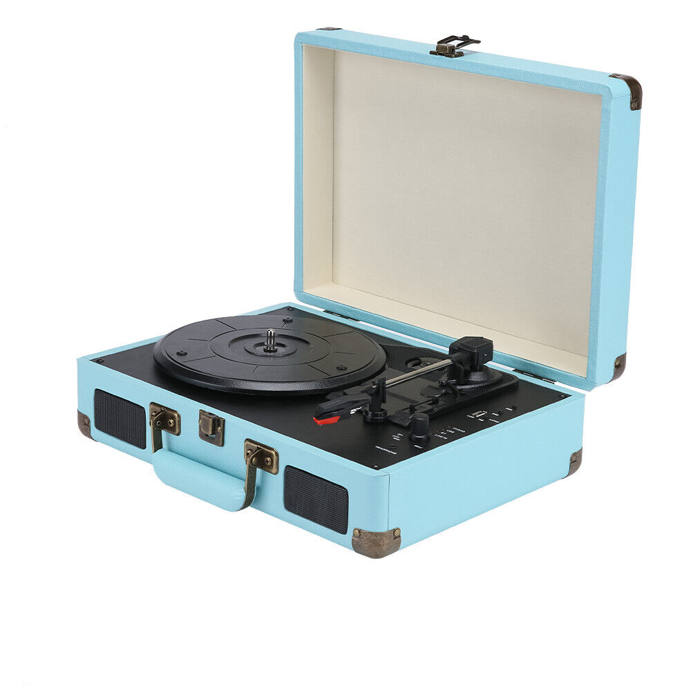 Blue Retro Briefcase Vinyl Record Player Suitcase 3 Speed Turntable Stereo Christmas Turntables