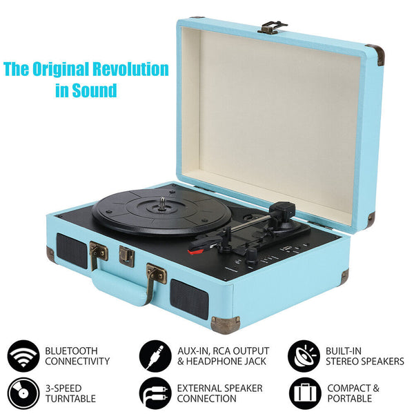 Blue Retro Briefcase Vinyl Record Player Suitcase 3 Speed Turntable Stereo Christmas Turntables