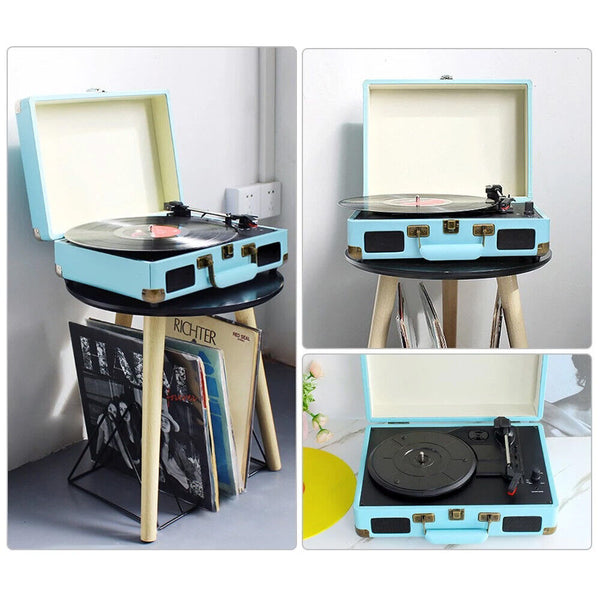 Blue Retro Briefcase Vinyl Record Player Suitcase 3 Speed Turntable Stereo Christmas Turntables