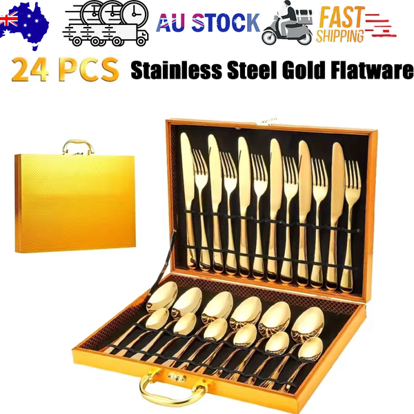 24Pc Elegant Stainless Steel Gold Flatware Set Classic Knife Fork Spoon Gift Cutlery Sets