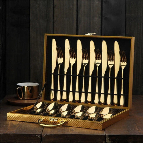 24Pc Elegant Stainless Steel Gold Flatware Set Classic Knife Fork Spoon Gift Cutlery Sets