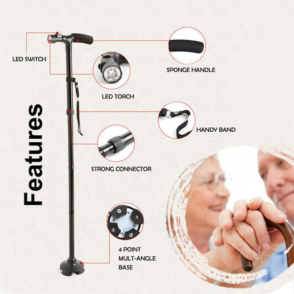 Walking Stick Cane Folding Handle Fixed Led Light Aid Holder Lighting Walkers & Canes