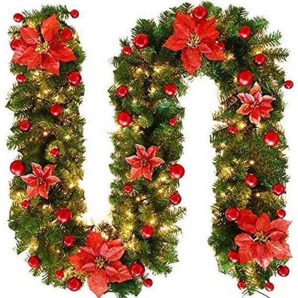 2.7M Christmas Garland With Lights Rattan Artificial Fireplace Wreath Stair Decor Seasonal Decorations