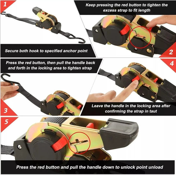 Quick Release Automatic Heavy Duty Retractable Ratchet Tie Down Strap Black 50Mm X 4.5M Tie Downs & Straps