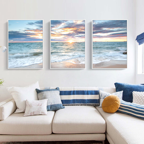 50Cmx70cm Sunrise By The Ocean 3 Sets White Frame Canvas Wall Art