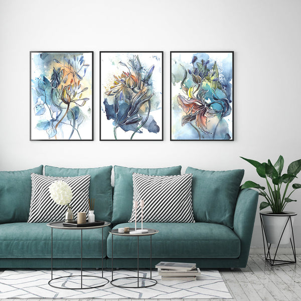 50Cmx70cm Watercolor Style Abstract Flower 3 Sets Black Frame Canvas Wall Art