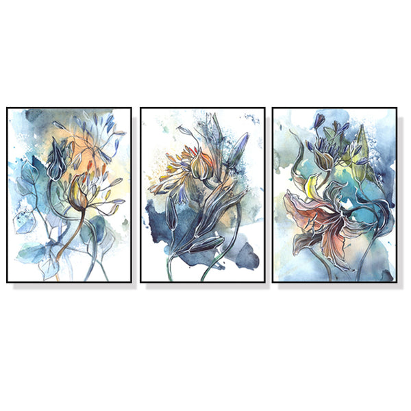 50Cmx70cm Watercolor Style Abstract Flower 3 Sets Black Frame Canvas Wall Art