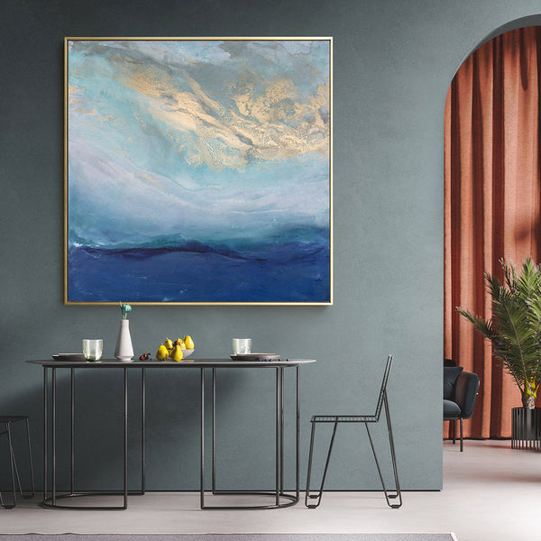 50Cmx50cm Abstract Gold Blue Square Size Frame Canvas Wall Art