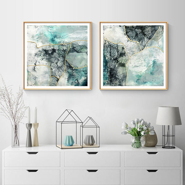 60Cmx60cm Marbled Green 2 Sets Gold Frame Canvas Wall Art