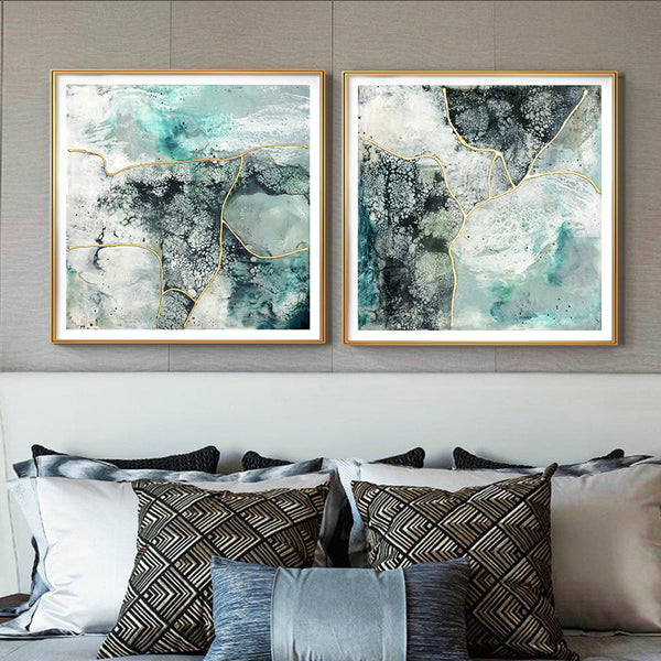 60Cmx60cm Marbled Green 2 Sets Gold Frame Canvas Wall Art