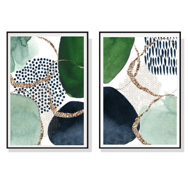 90Cmx135cm Abstract Green And Navy 2 Sets Black Frame Canvas Wall Art