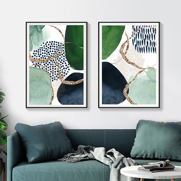 90Cmx135cm Abstract Green And Navy 2 Sets Black Frame Canvas Wall Art