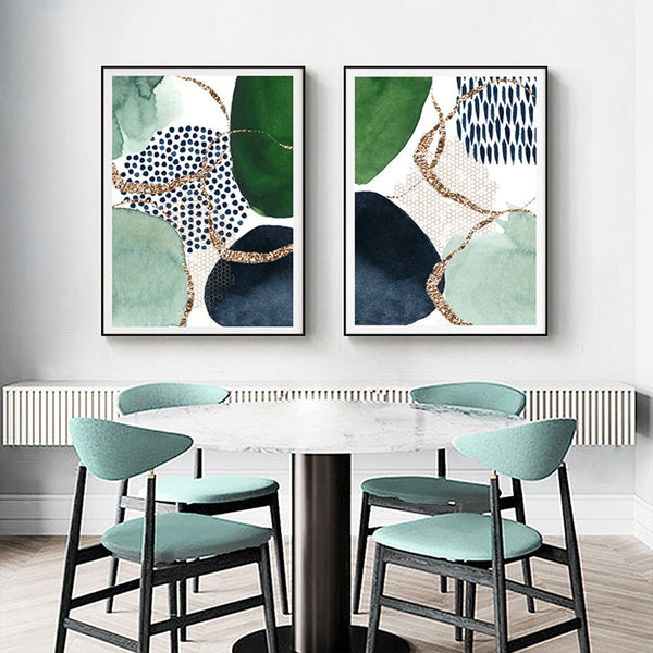 90Cmx135cm Abstract Green And Navy 2 Sets Black Frame Canvas Wall Art