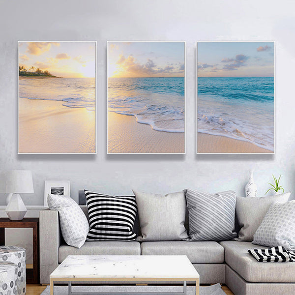 60Cmx90cm Ocean And Beach 3 Sets White Frame Canvas Wall Art
