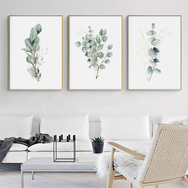 80Cmx120cm Eucalyptus Plant 3 Sets Gold Frame Canvas Wall Art