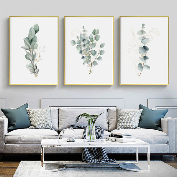50Cmx70cm Eucalyptus Plant 3 Sets Gold Frame Canvas Wall Art