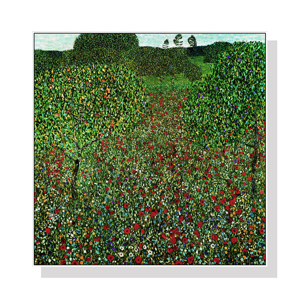 100Cmx100cm Field Of Poppies By Gustav Klimt White Frame Canvas Wall Art