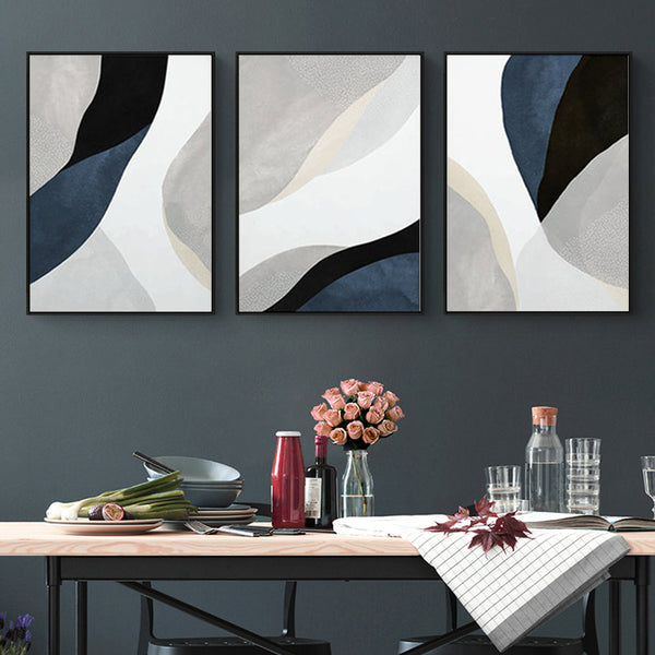 70Cmx100cm Abstract Navy Blue 3 Sets Black Frame Canvas Wall Art