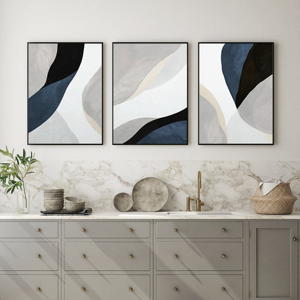 80Cmx120cm Abstract Navy Blue 3 Sets Black Frame Canvas Wall Art