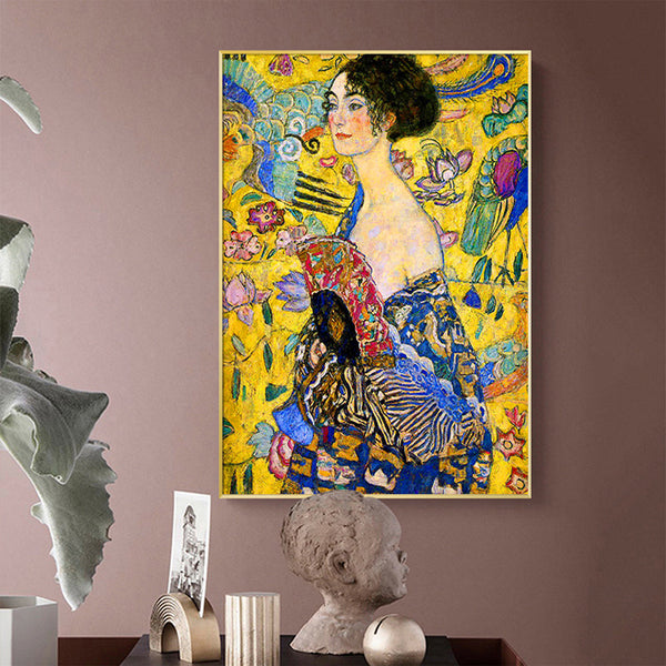 40Cmx60cm Lady With Fan By Klimt Gold Frame Canvas Wall Art