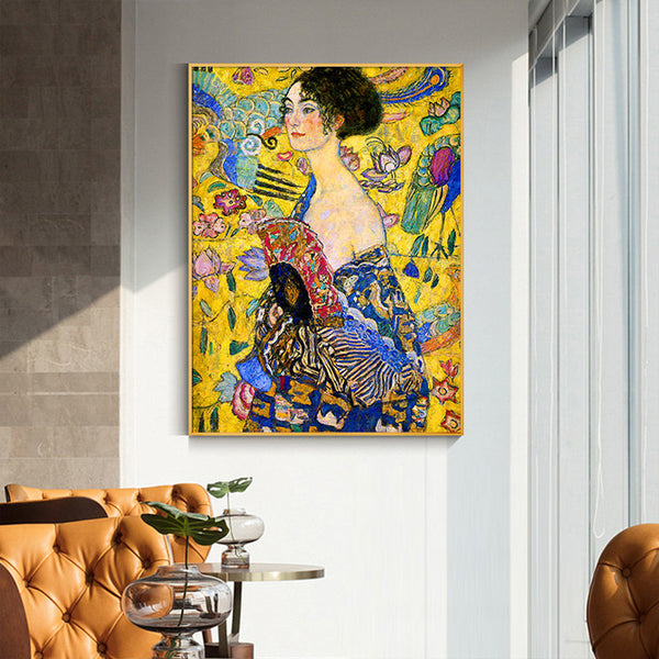 50Cmx70cm Lady With A Fan By Klimt Gold Frame Canvas Wall Art